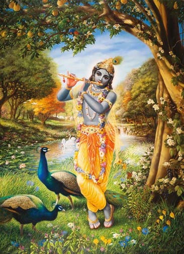 Krishna playing flute with peacocks